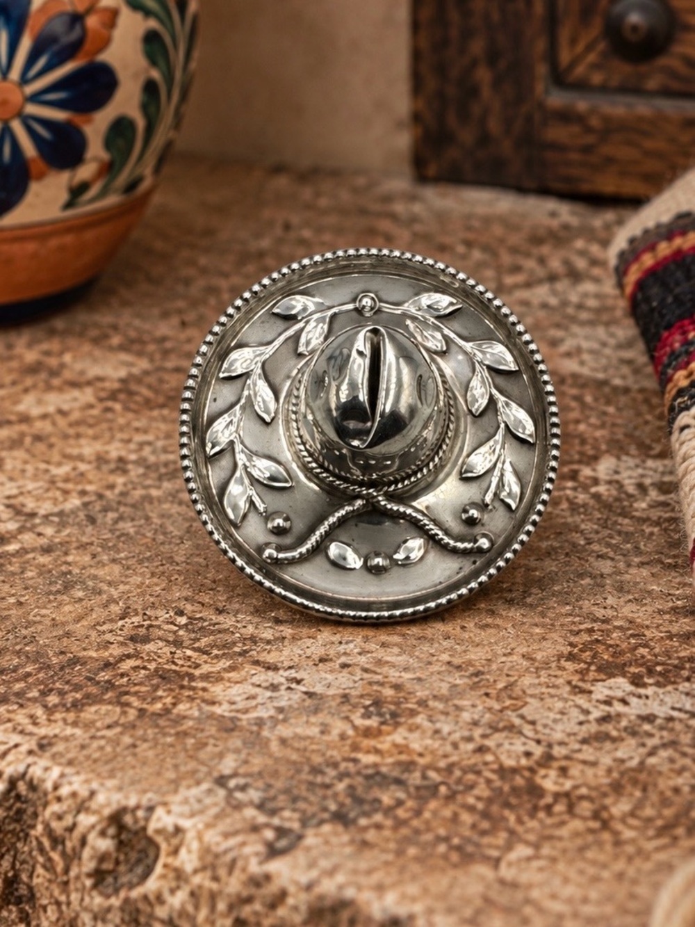 Vintage Mexico Handmade Sterling Silver Large Sombrero Pin Brooch